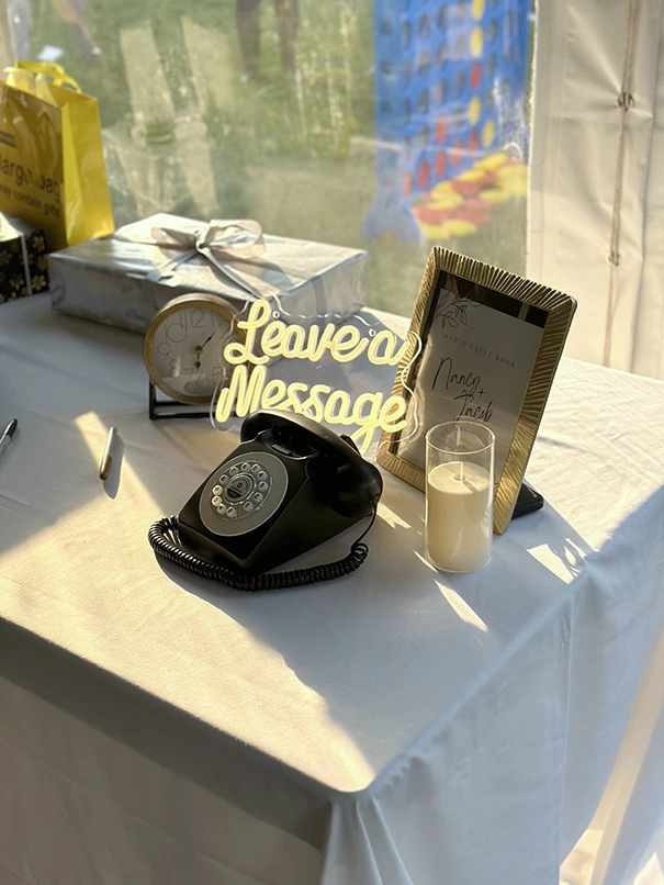 Audio guest book phone setup at Toronto wedding reception table