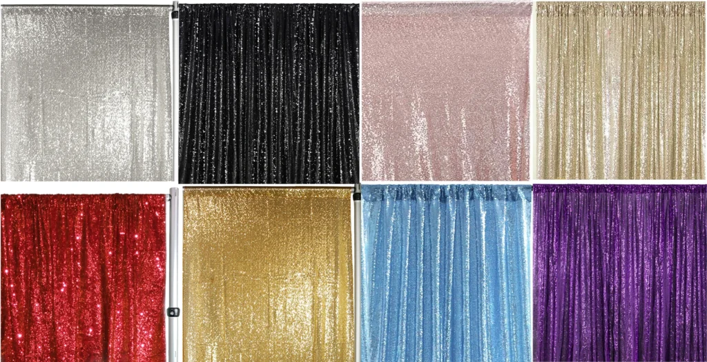 Eight sequin photo booth backdrops in silver, black, rose gold, champagne, red, gold, blue, and purple
