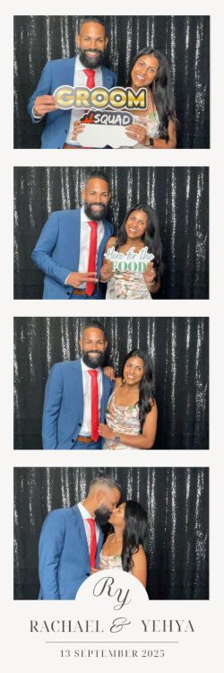 A vertical photo booth strip featuring four photos of a couple against a shimmering black sequin backdrop. They hold props like "Groom Squad" and "Here for the Food" before sharing a kiss in the final frame. The bottom of the strip features a custom design with the initials "Ry," the names Rachael and Yehya, and the date September 13, 2025.